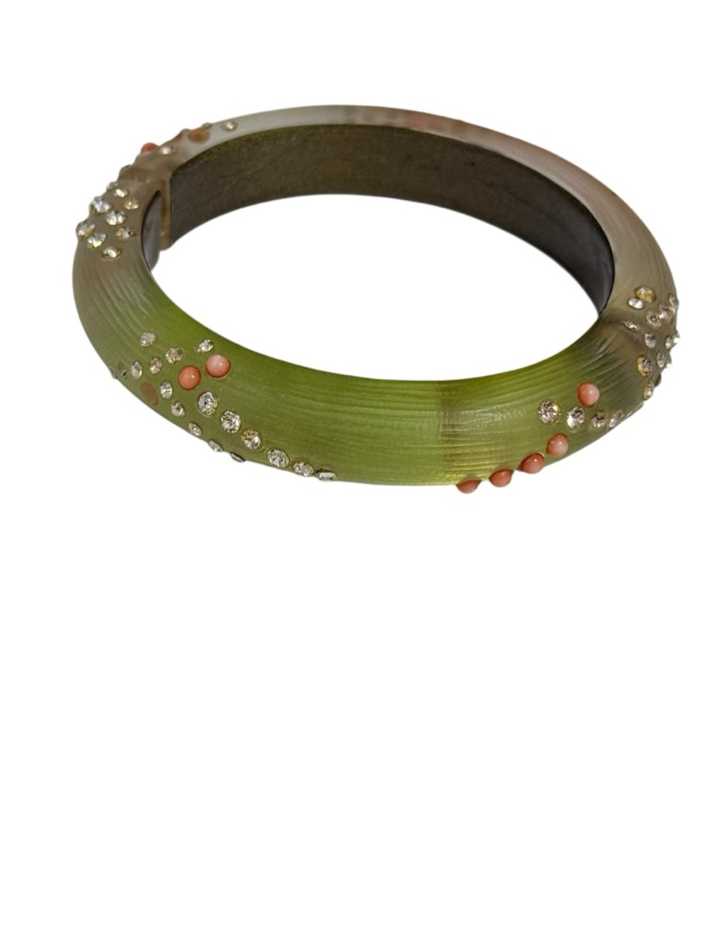 Alexis Bittar Lime Green lucite Resin Bangle Coral and Rhinestone Accents